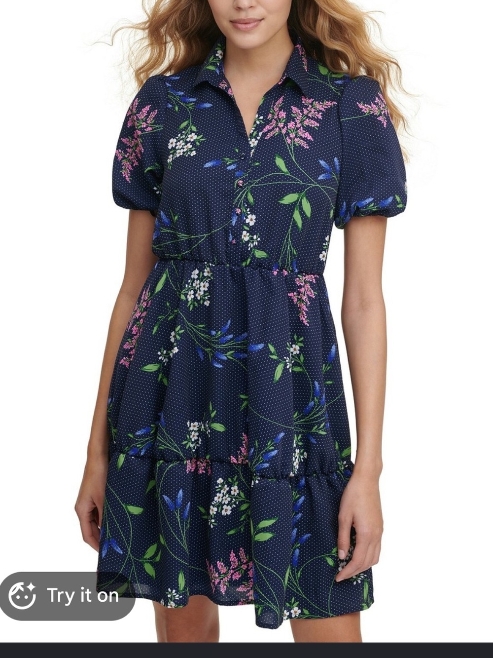 Kensie Navy Floral Puff Sleeve Dress